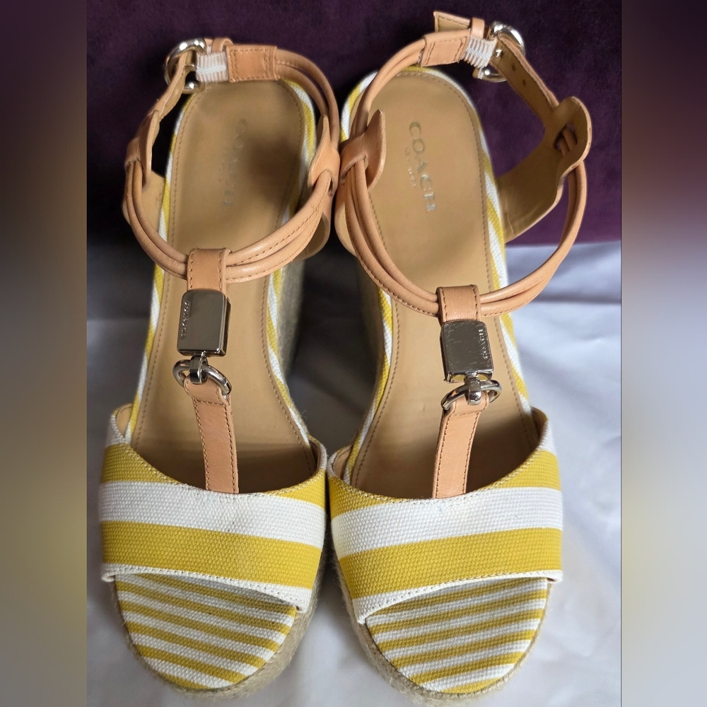 Coach Yellow and Tan Espadrille Sandals with Striped Design